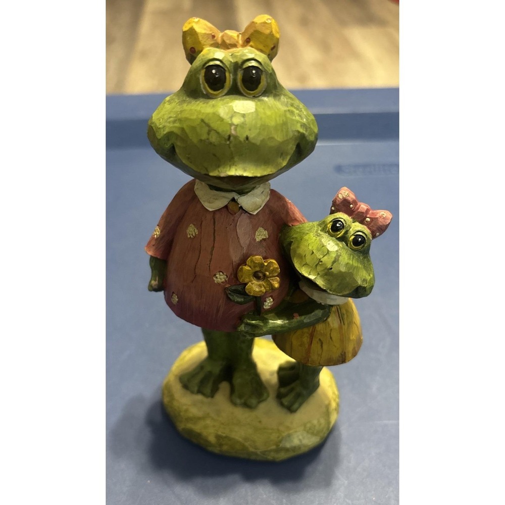Vintage Hand Painted Frog Mother & Child Figurine Folk Art Cottage Garden Decor